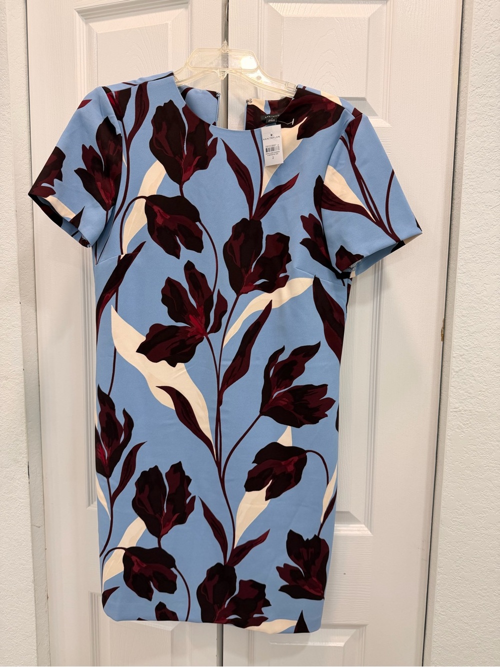 Ann Taylor Light Blue Shift Dress with Burgundy Floral Print
